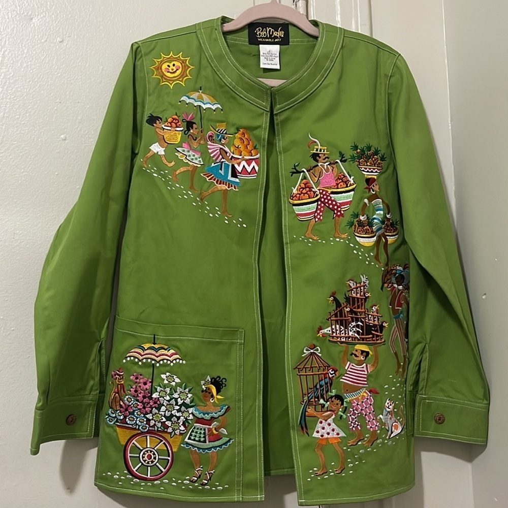 Bob Mackie Green Cotton Denimlike rare Open embroidered Cardigan Jacket - Picture 6 of 12
